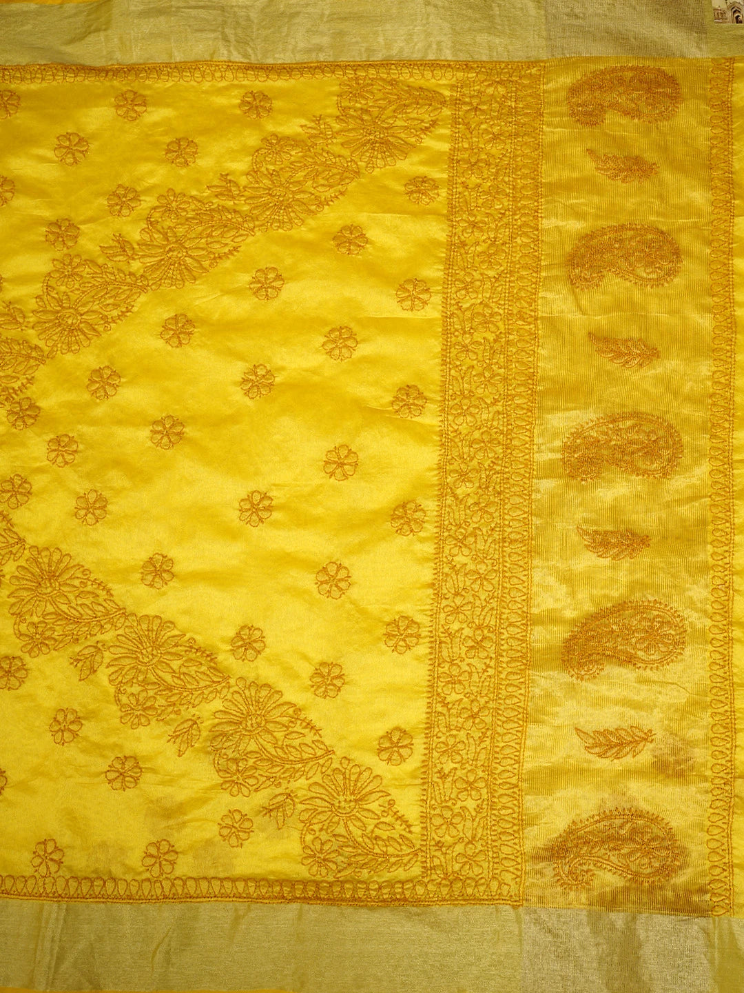 Ada Hand Embroidered Mustard Yellow Lucknowi Chikankari Saree With Blouse 01A896422