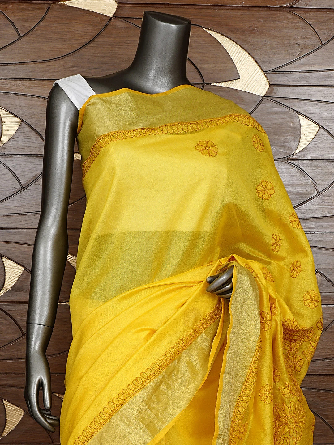 Ada Hand Embroidered Mustard Yellow Lucknowi Chikankari Saree With Blouse 01A896422