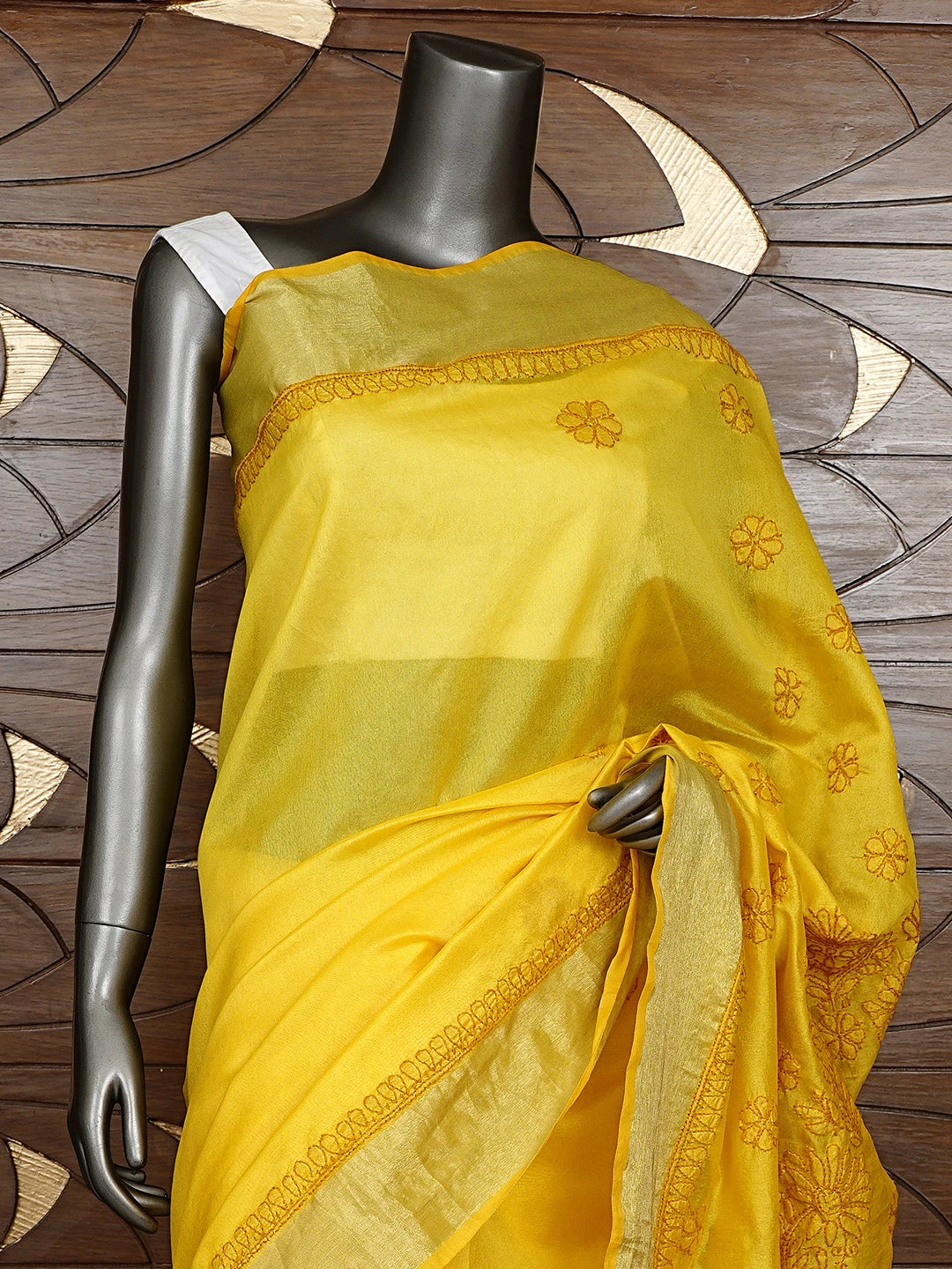 Ada Hand Embroidered Mustard Yellow Lucknowi Chikankari Saree With Blouse 01A896422