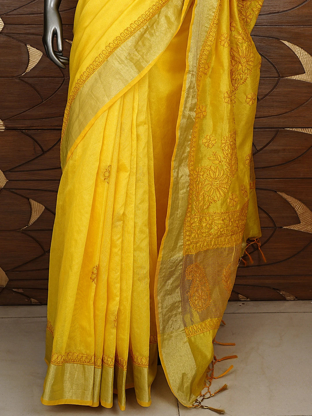 Ada Hand Embroidered Mustard Yellow Lucknowi Chikankari Saree With Blouse 01A896422