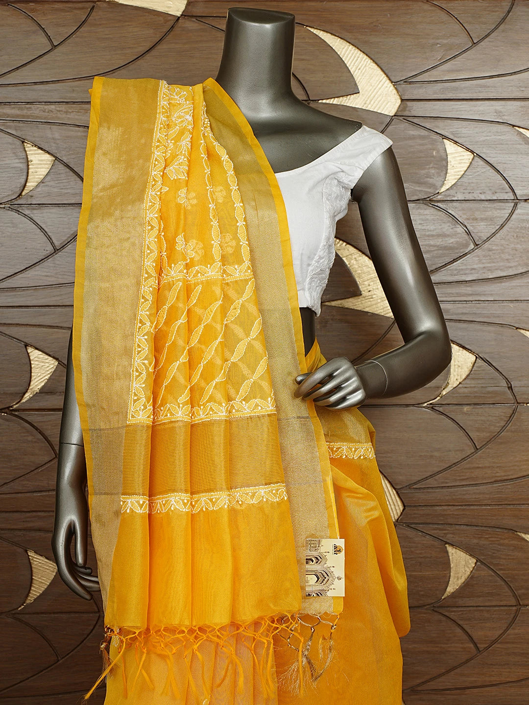 Ada Hand Embroidered Mango Yellow Lucknowi Chikankari Saree With Blouse 01A913303