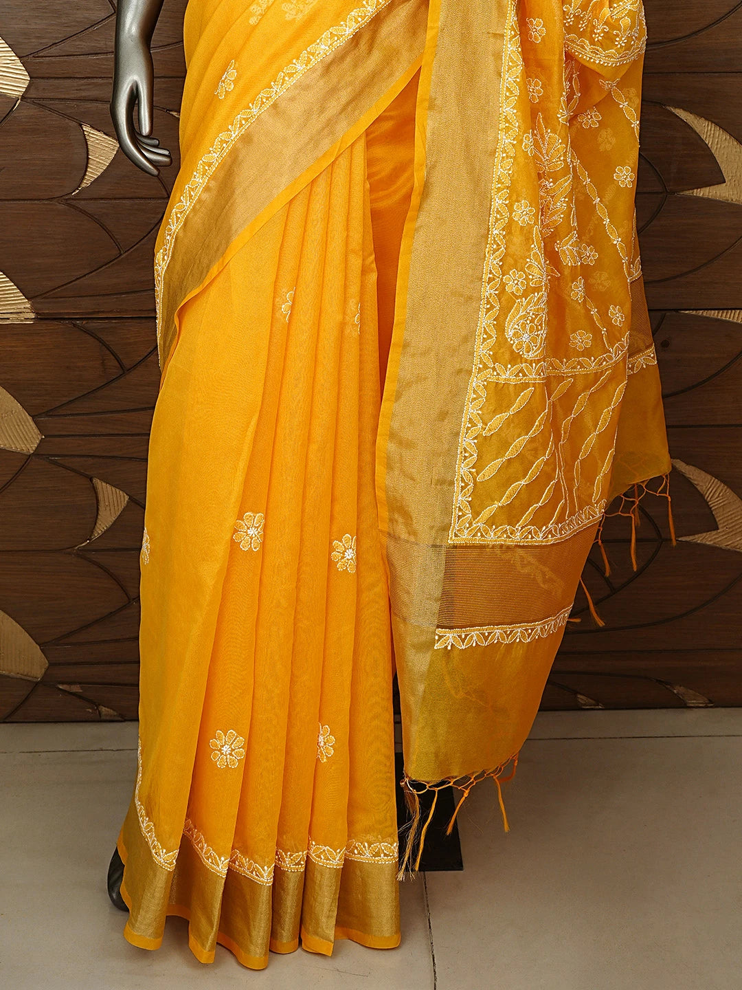 Ada Hand Embroidered Mango Yellow Lucknowi Chikankari Saree With Blouse 01A913303