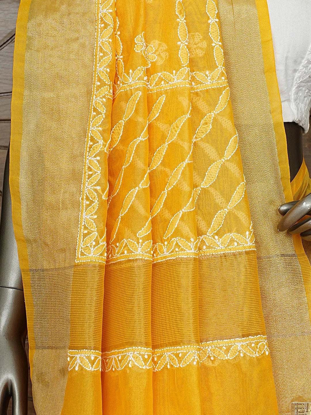 Ada Hand Embroidered Mango Yellow Lucknowi Chikankari Saree With Blouse 01A913303