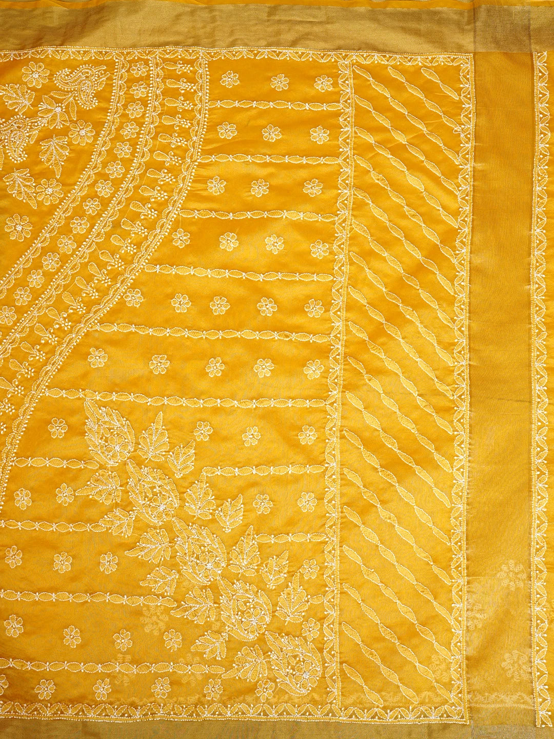 Ada Hand Embroidered Mango Yellow Lucknowi Chikankari Saree With Blouse 01A913303