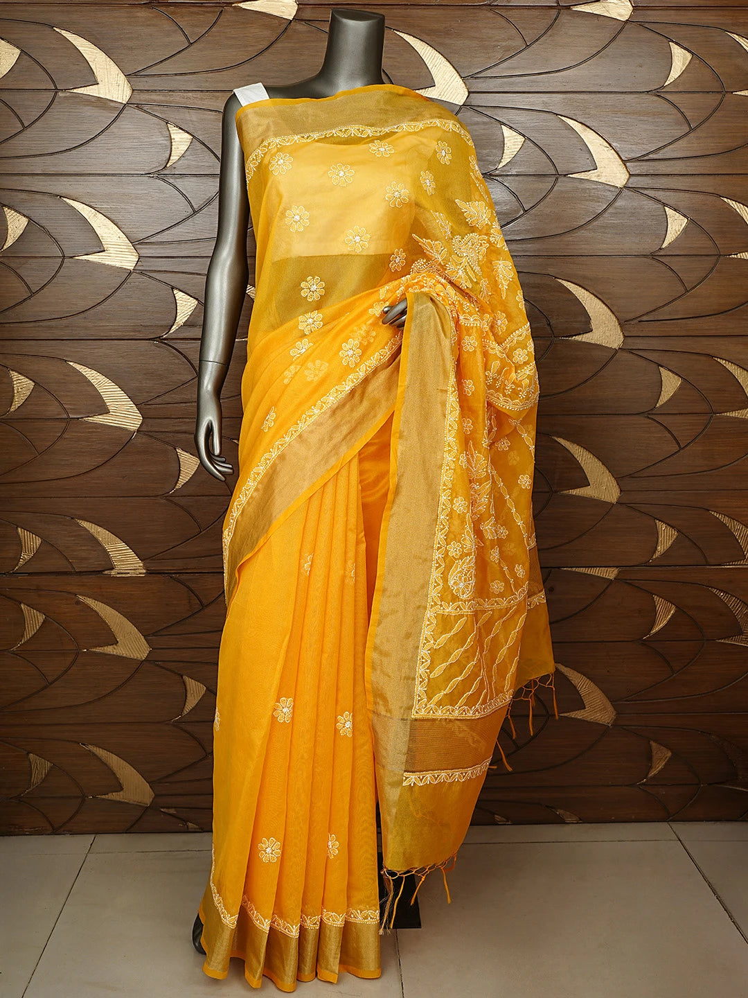Ada Hand Embroidered Mango Yellow Lucknowi Chikankari Saree With Blouse 01A913303
