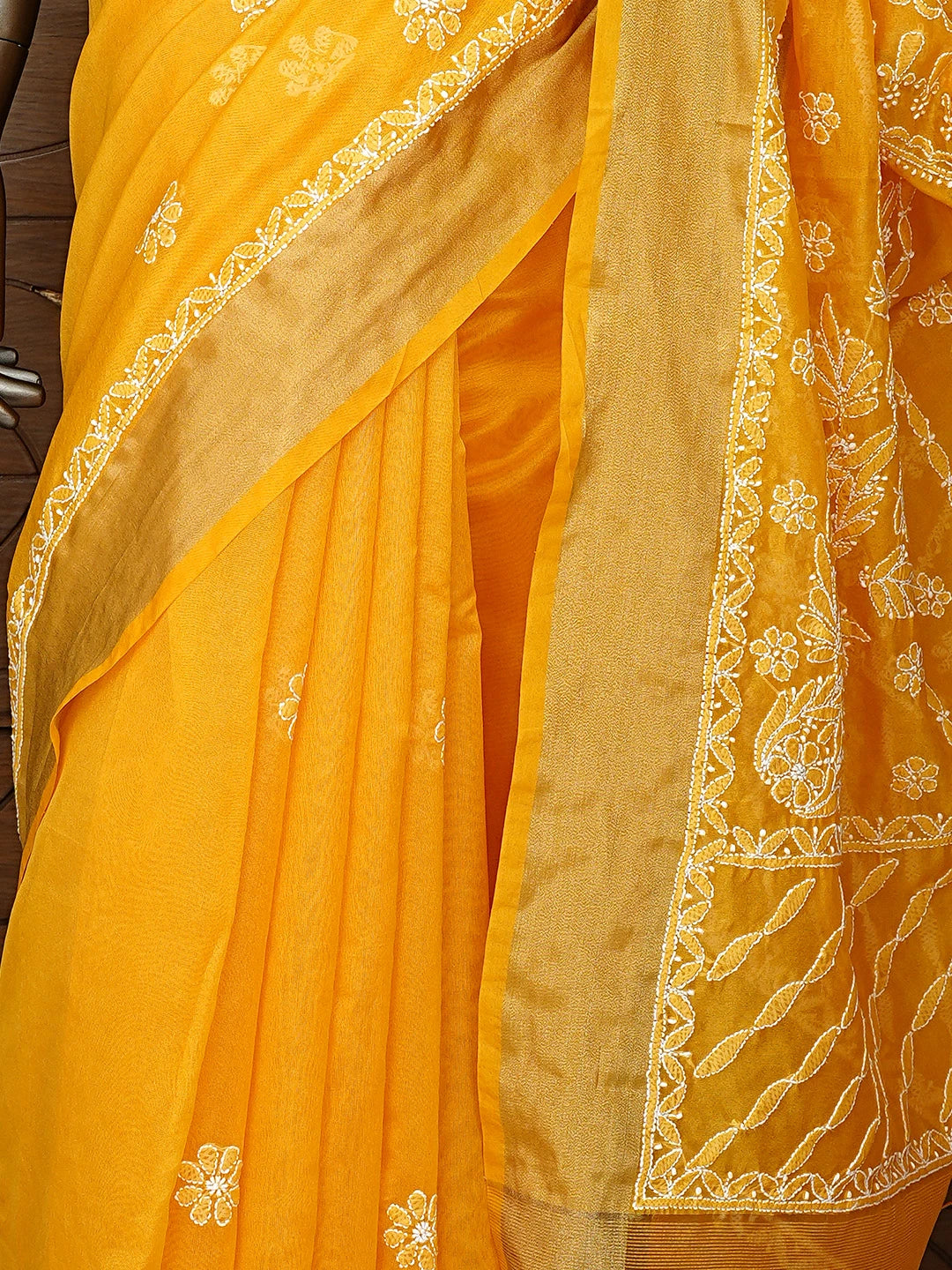 Ada Hand Embroidered Mango Yellow Lucknowi Chikankari Saree With Blouse 01A913303