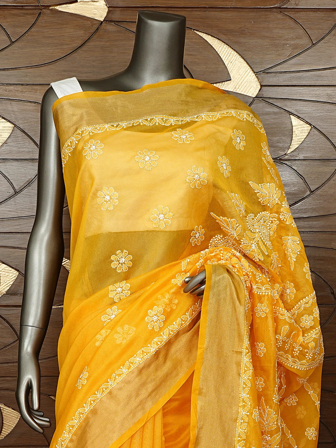 Ada Hand Embroidered Mango Yellow Lucknowi Chikankari Saree With Blouse 01A913303