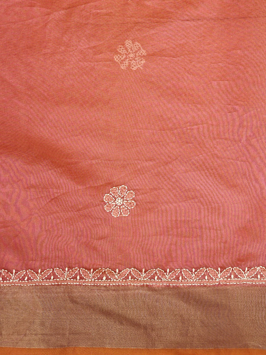Ada Hand Embroidered Carrot Pink Lucknowi Chikankari Saree With Blouse 01A878665