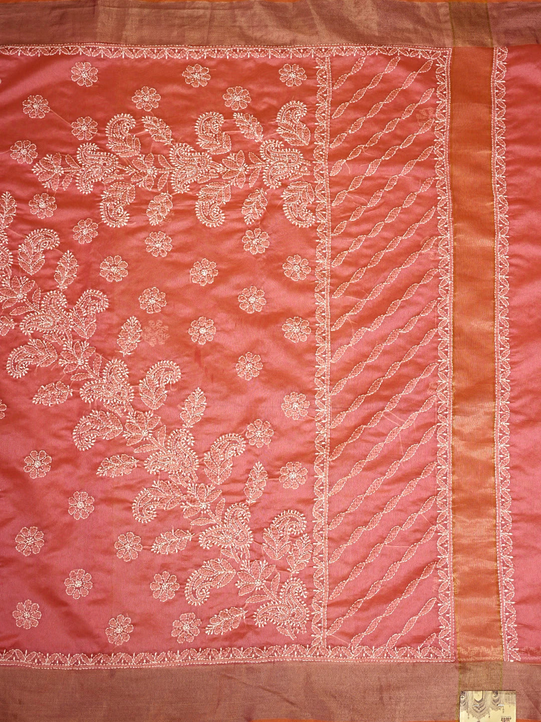 Ada Hand Embroidered Carrot Pink Lucknowi Chikankari Saree With Blouse 01A878665