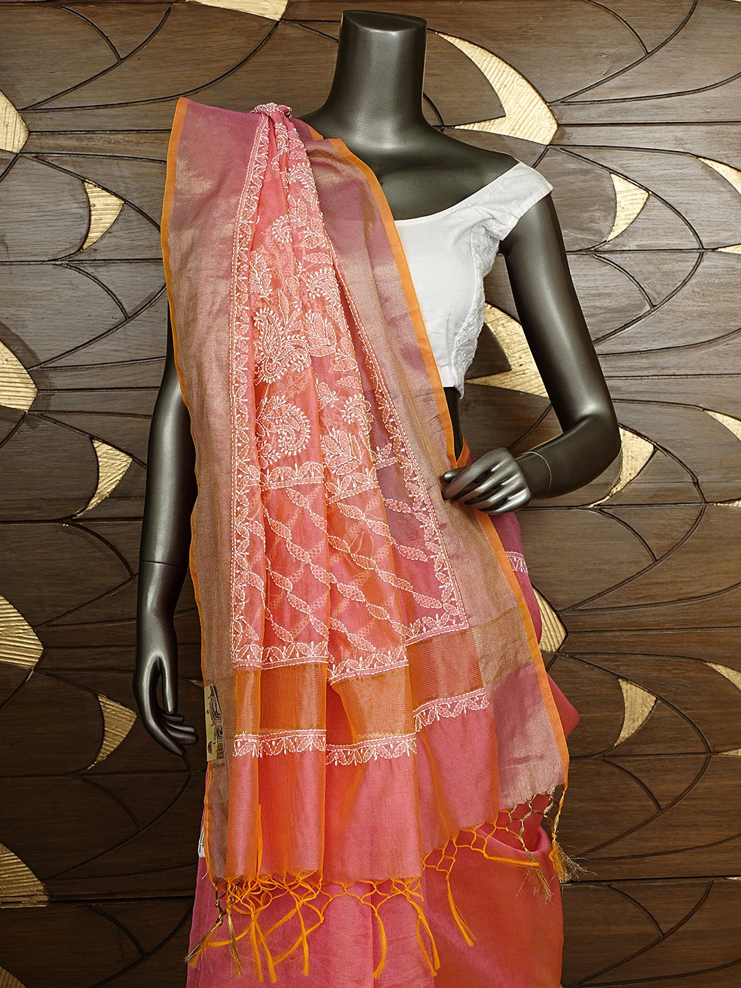 Ada Hand Embroidered Carrot Pink Lucknowi Chikankari Saree With Blouse 01A878665