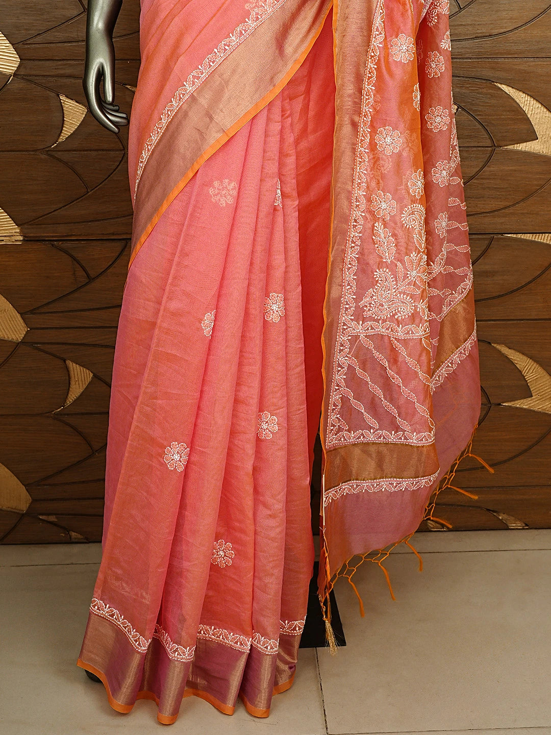 Ada Hand Embroidered Carrot Pink Lucknowi Chikankari Saree With Blouse 01A878665
