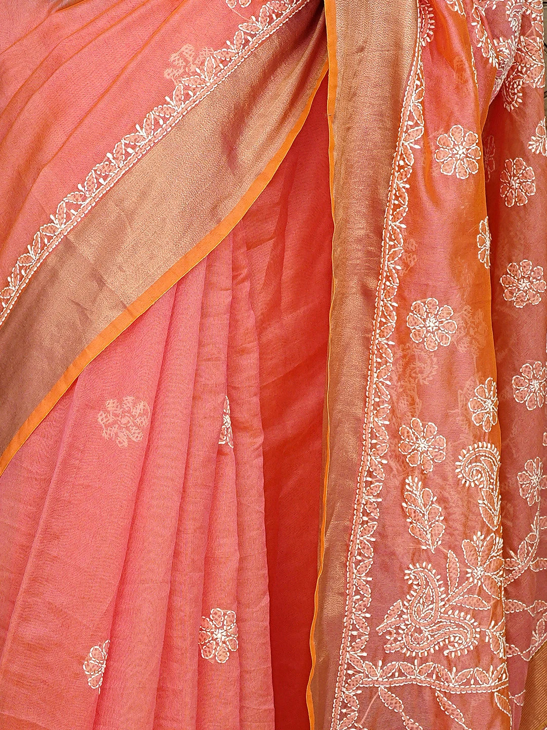 Ada Hand Embroidered Carrot Pink Lucknowi Chikankari Saree With Blouse 01A878665