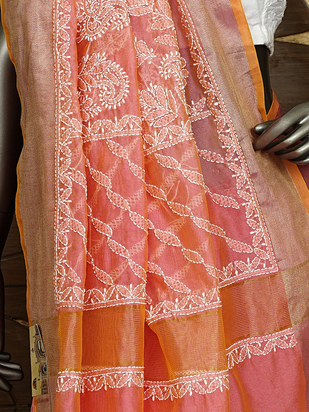 Ada Hand Embroidered Carrot Pink Lucknowi Chikankari Saree With Blouse 01A878665