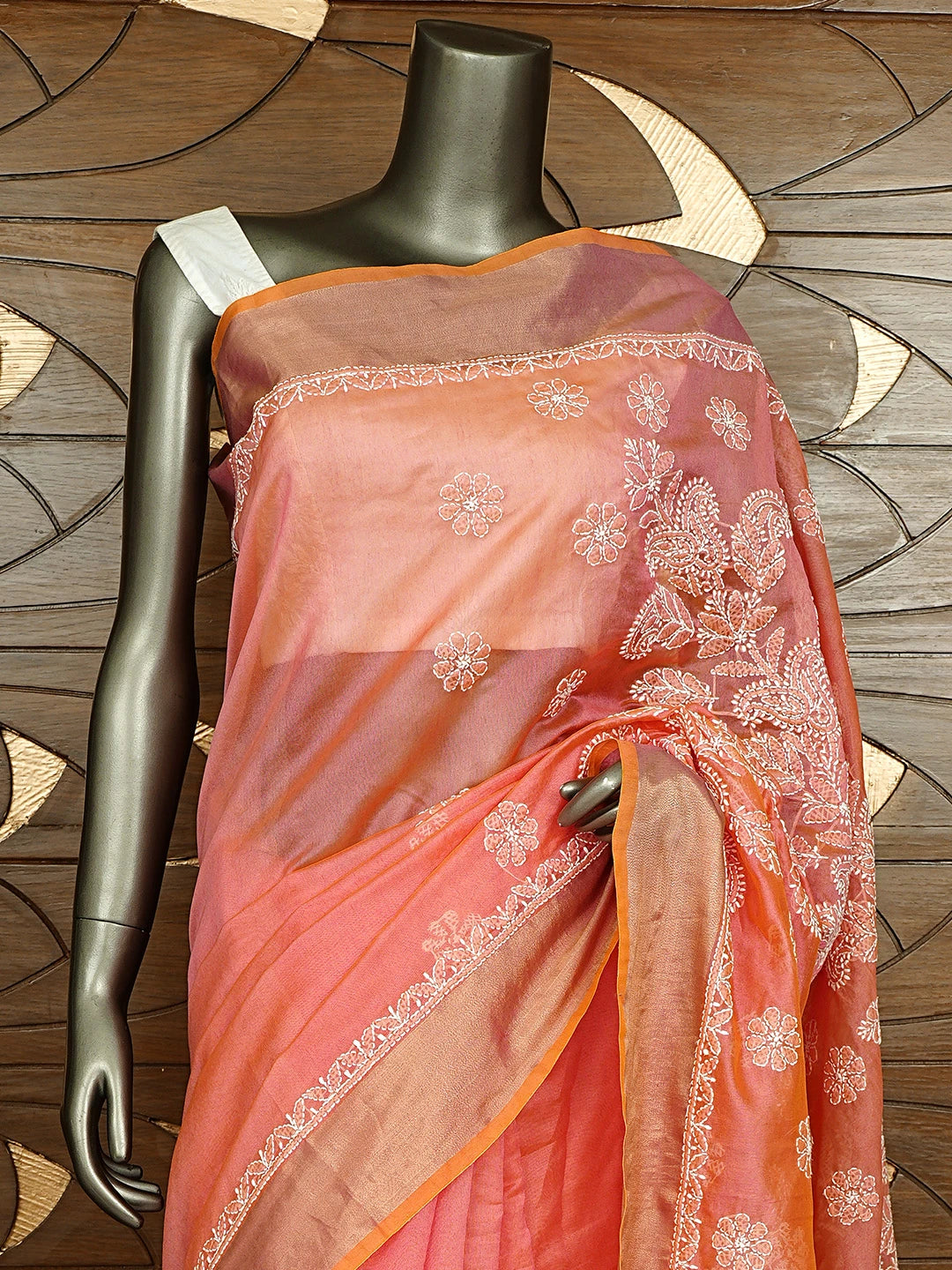 Ada Hand Embroidered Carrot Pink Lucknowi Chikankari Saree With Blouse 01A878665