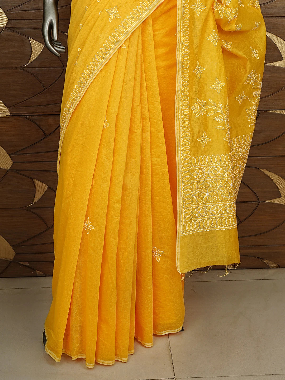 Ada Hand Embroidered Yellow Lucknowi Chikankari Saree With Blouse 01A926305