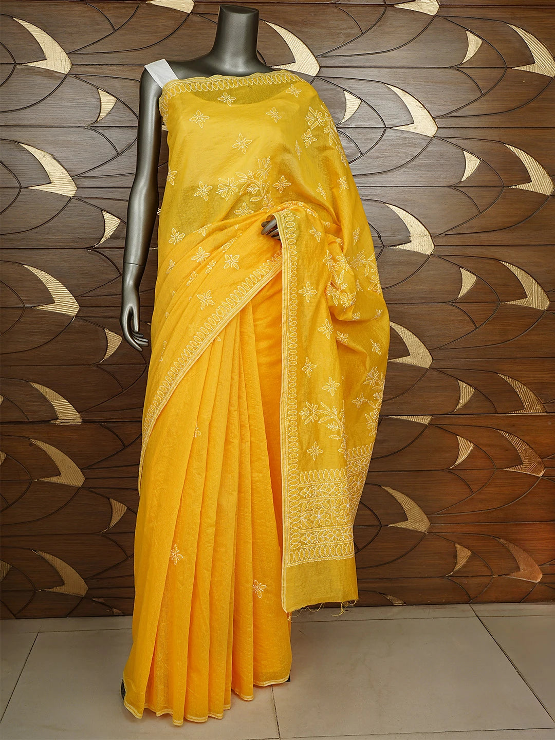 Ada Hand Embroidered Yellow Lucknowi Chikankari Saree With Blouse 01A926305