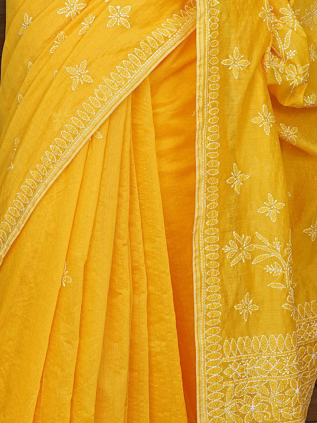 Ada Hand Embroidered Yellow Lucknowi Chikankari Saree With Blouse 01A926305