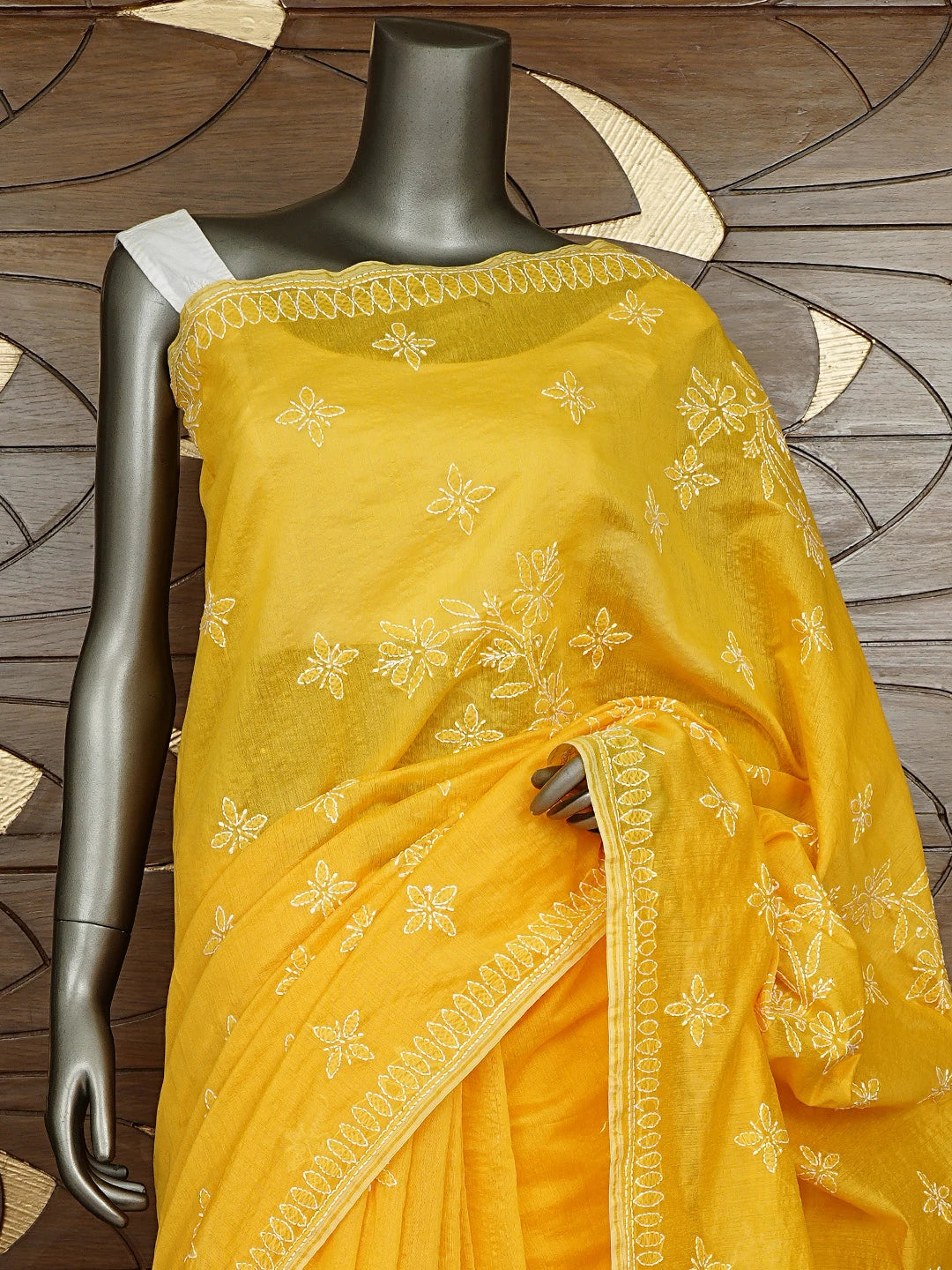 Ada Hand Embroidered Yellow Lucknowi Chikankari Saree With Blouse 01A926305