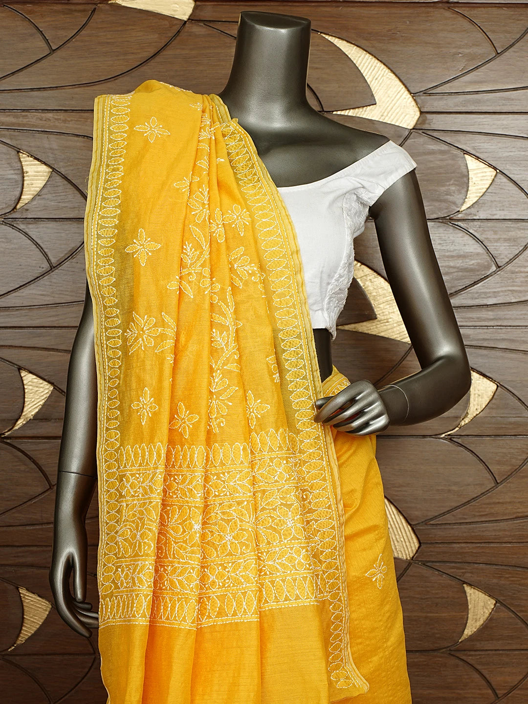 Ada Hand Embroidered Yellow Lucknowi Chikankari Saree With Blouse 01A926305