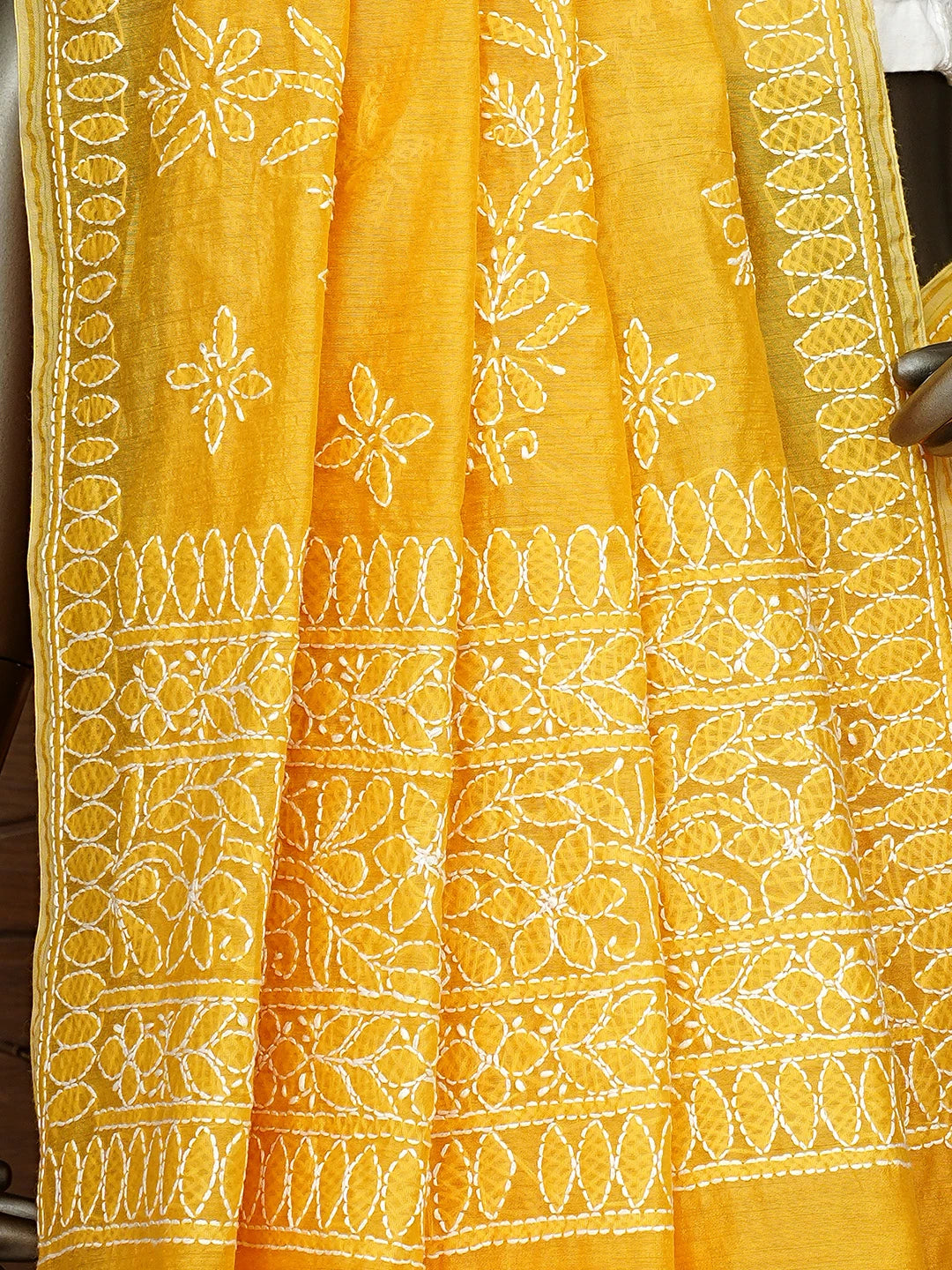 Ada Hand Embroidered Yellow Lucknowi Chikankari Saree With Blouse 01A926305