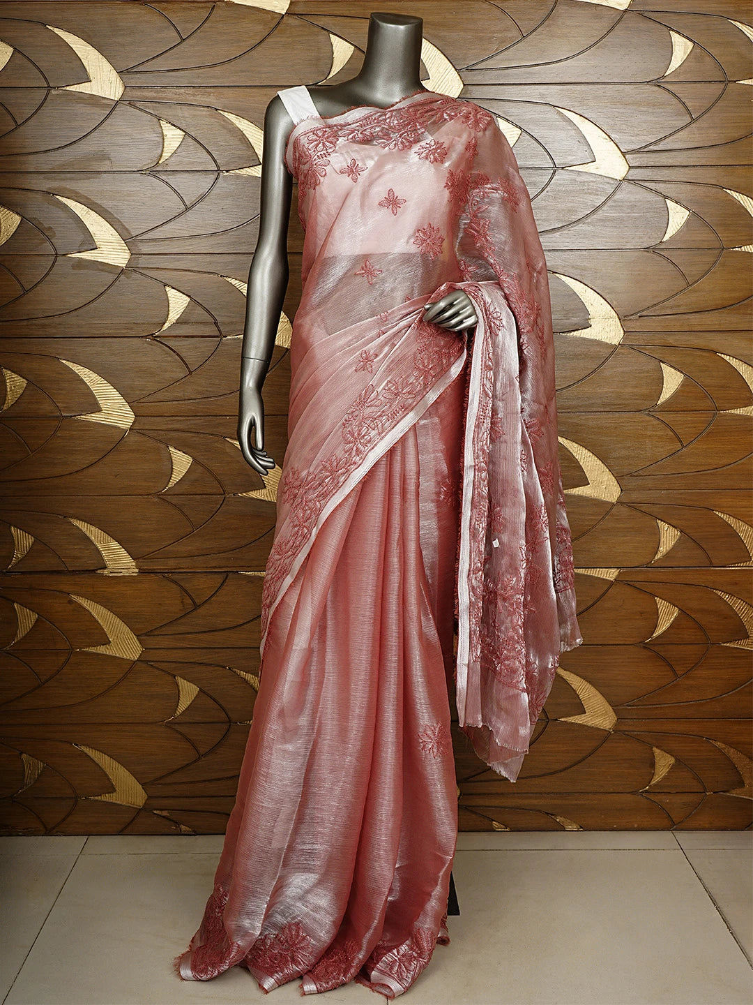 Ada Hand Embroidered Carrot Pink Tissue Lucknowi Chikankari Saree and Blouse 01A932590