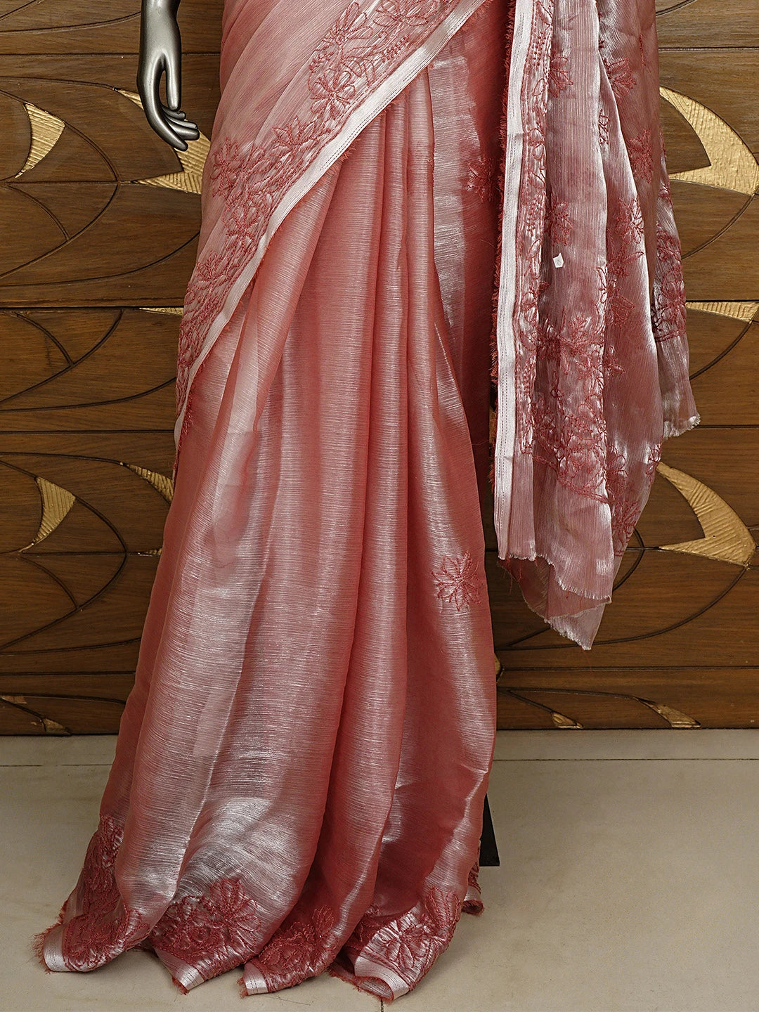 Ada Hand Embroidered Carrot Pink Tissue Lucknowi Chikankari Saree and Blouse 01A932590