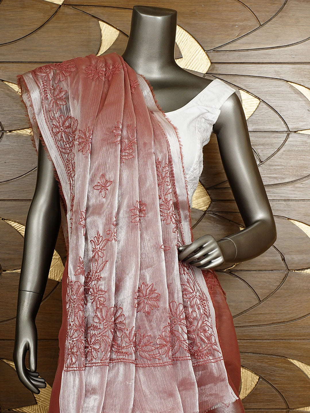 Ada Hand Embroidered Carrot Pink Tissue Lucknowi Chikankari Saree and Blouse 01A932590