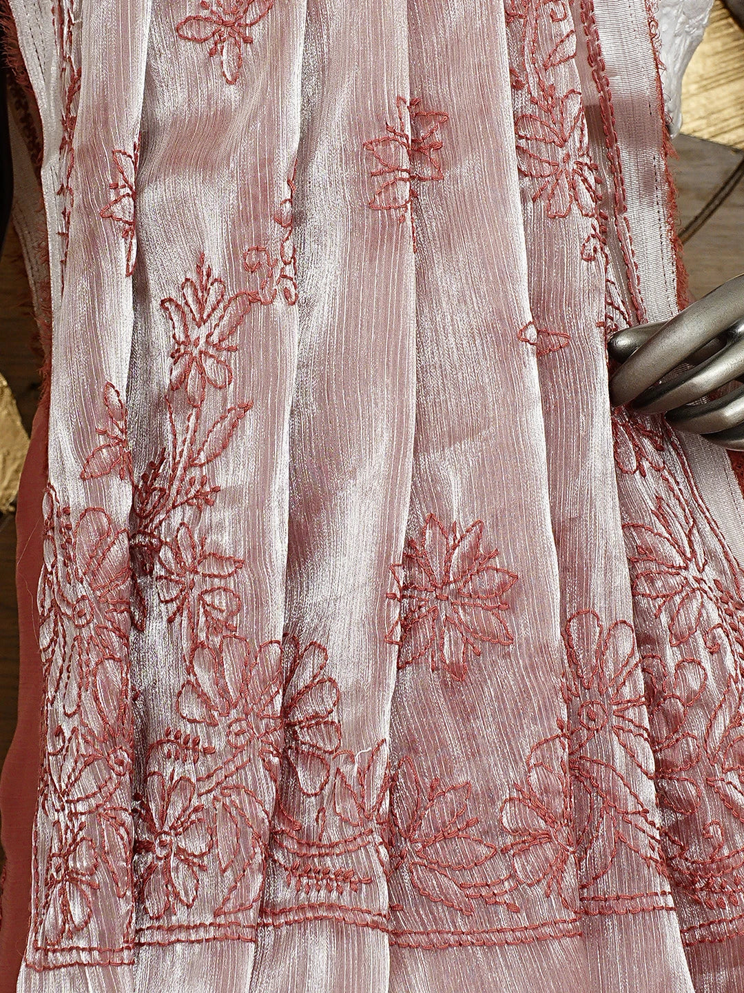 Ada Hand Embroidered Carrot Pink Tissue Lucknowi Chikankari Saree and Blouse 01A932590