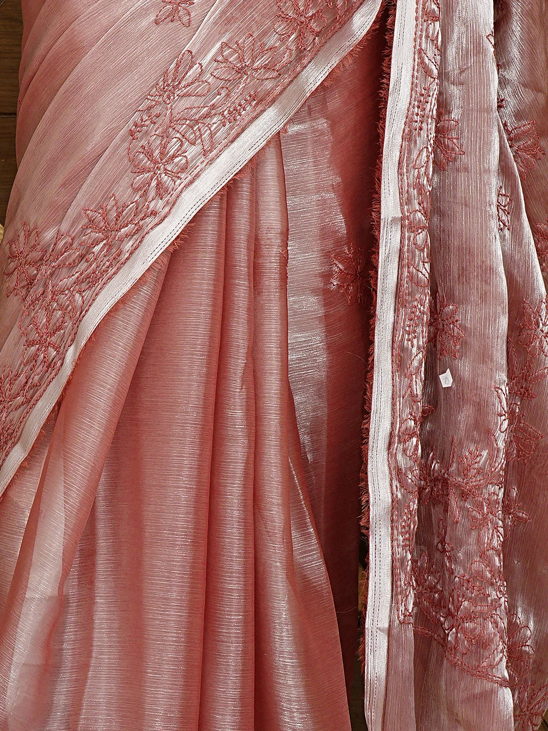 Ada Hand Embroidered Carrot Pink Tissue Lucknowi Chikankari Saree and Blouse 01A932590
