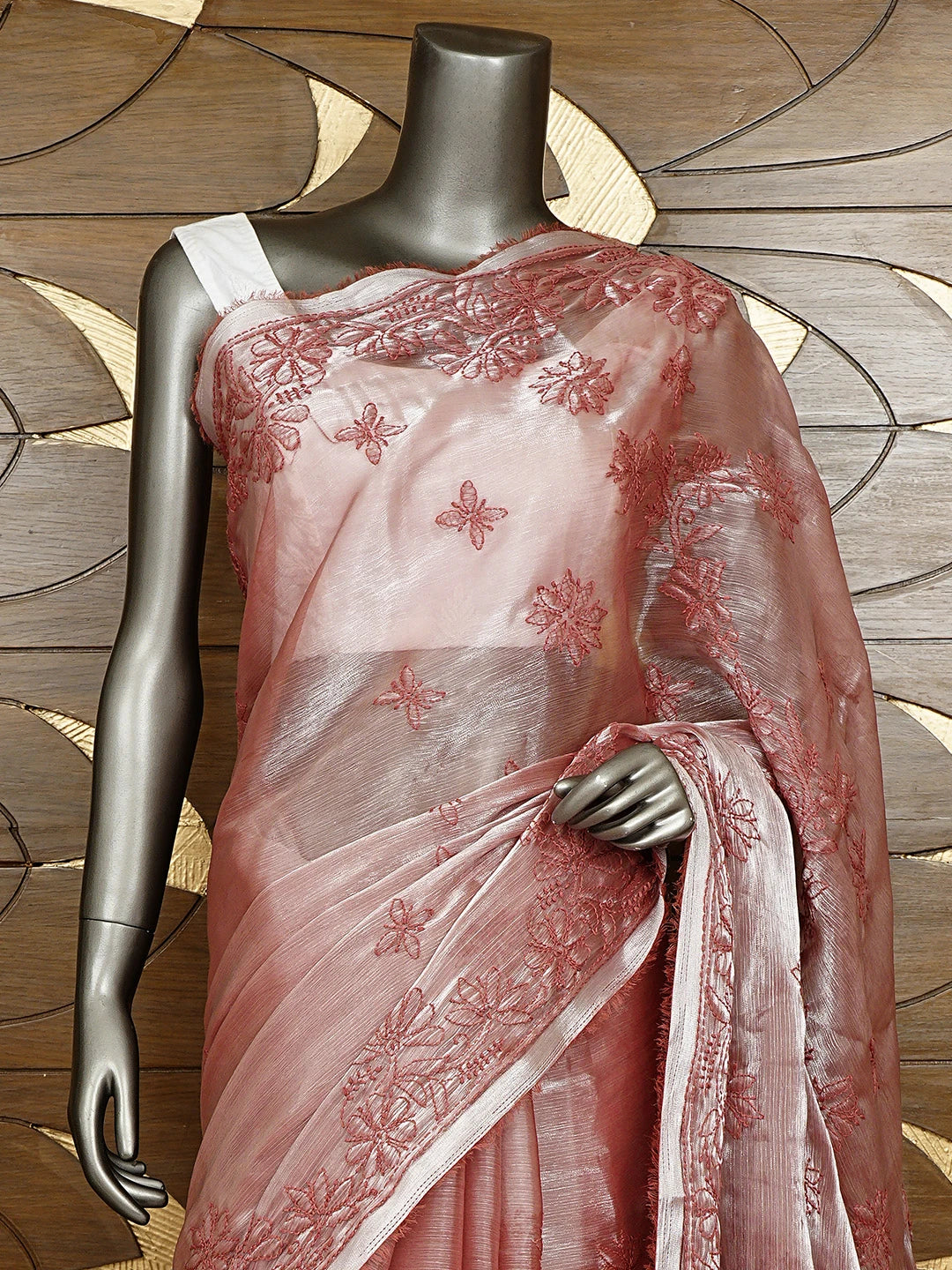 Ada Hand Embroidered Carrot Pink Tissue Lucknowi Chikankari Saree and Blouse 01A932590