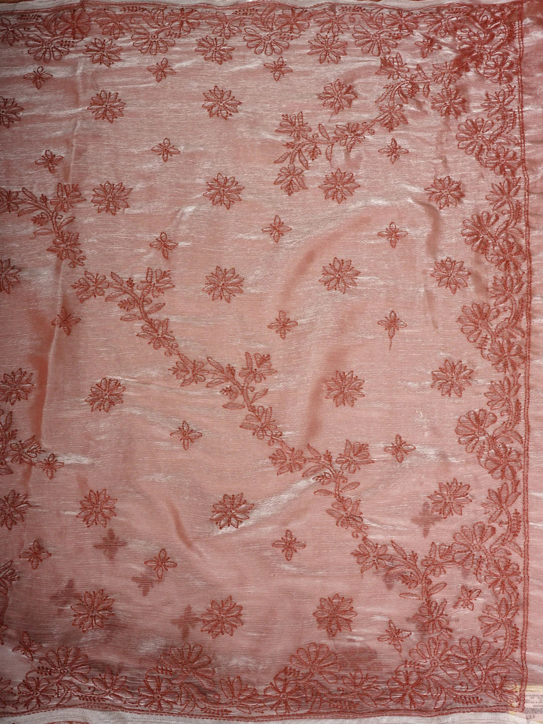 Ada Hand Embroidered Carrot Pink Tissue Lucknowi Chikankari Saree and Blouse 01A932590