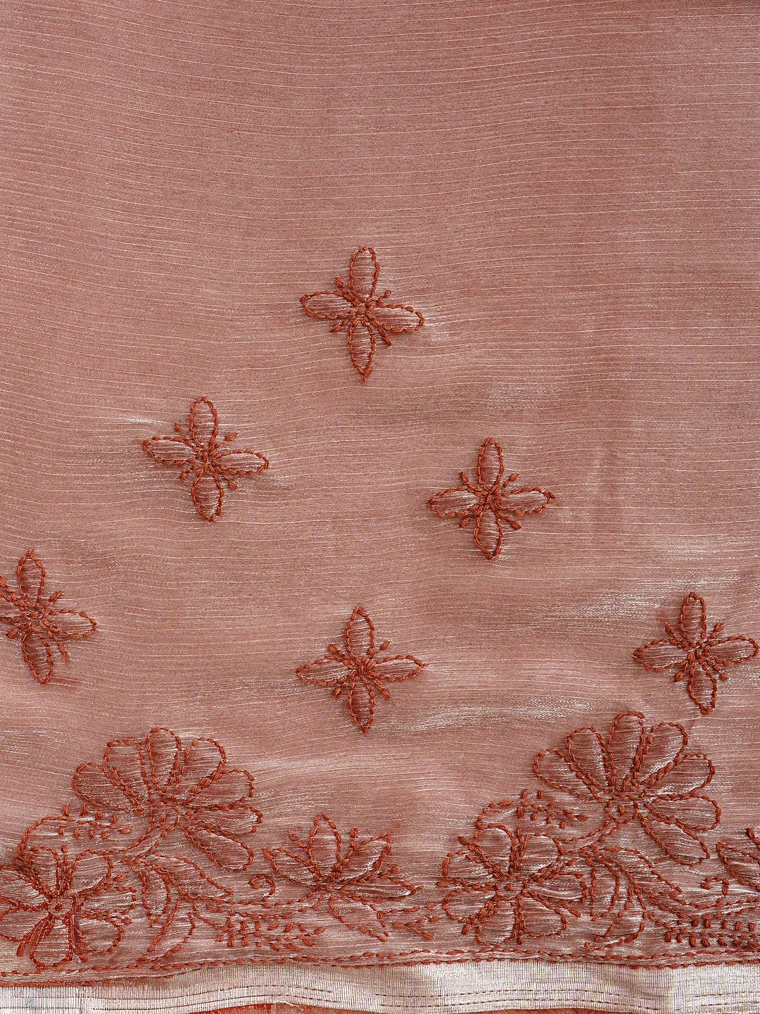 Ada Hand Embroidered Carrot Pink Tissue Lucknowi Chikankari Saree and Blouse 01A932590