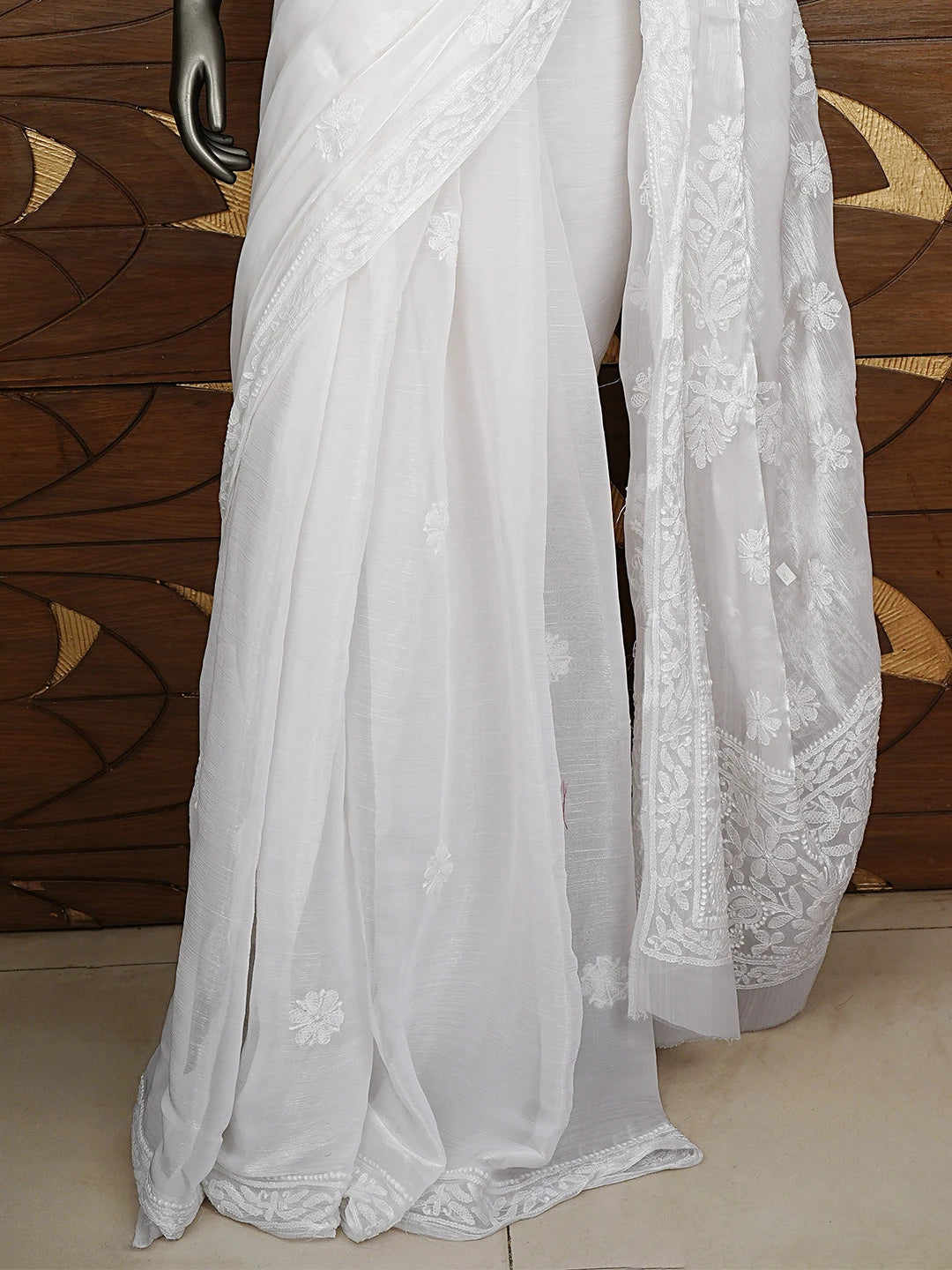 Ada Hand Embroidered White Tissue Lucknowi Chikankari Saree and Blouse 01A911323