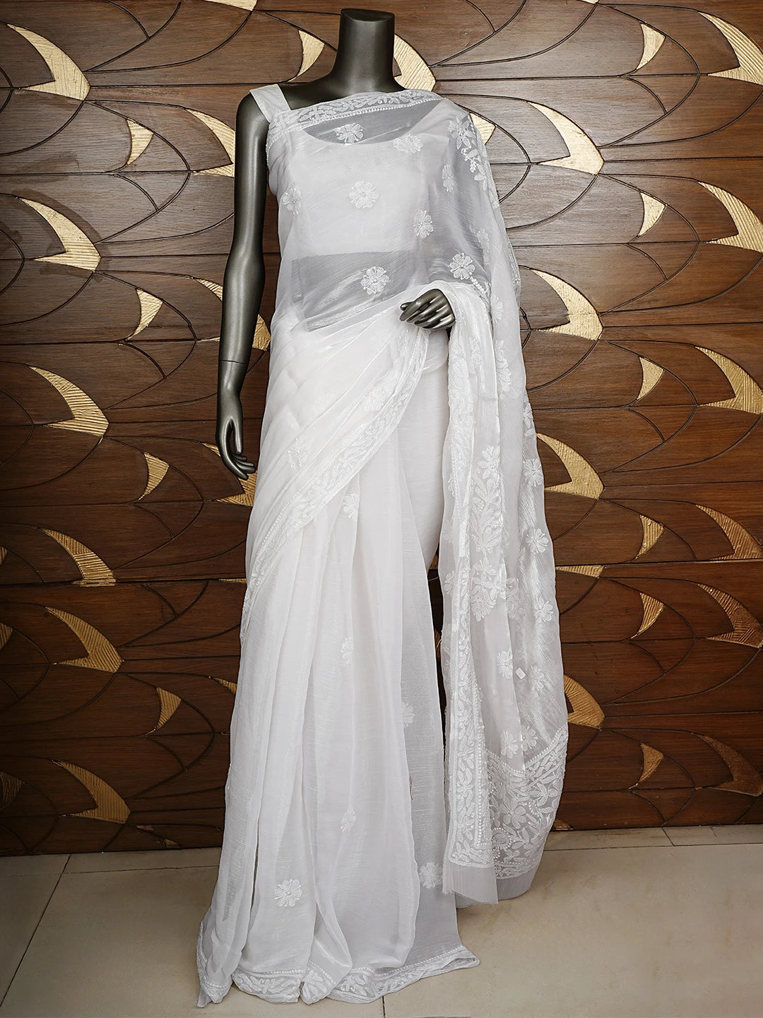 Ada Hand Embroidered White Tissue Lucknowi Chikankari Saree and Blouse 01A911323
