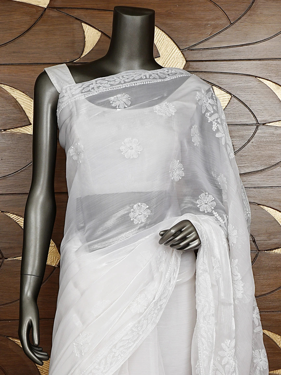 Ada Hand Embroidered White Tissue Lucknowi Chikankari Saree and Blouse 01A911323