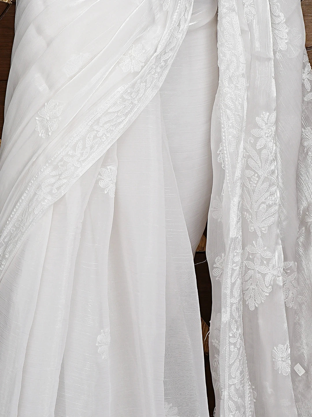 Ada Hand Embroidered White Tissue Lucknowi Chikankari Saree and Blouse 01A911323