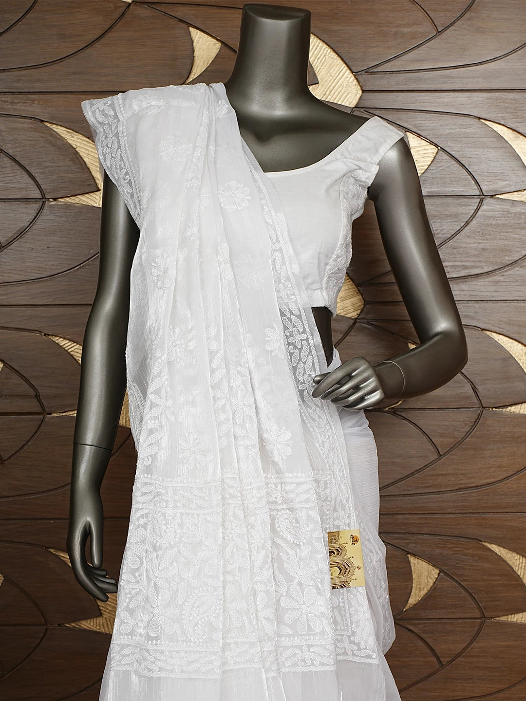 Ada Hand Embroidered White Tissue Lucknowi Chikankari Saree and Blouse 01A911323