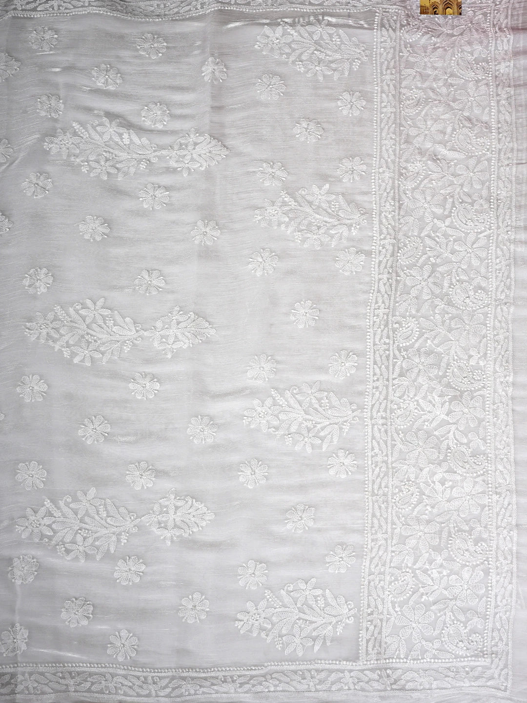 Ada Hand Embroidered White Tissue Lucknowi Chikankari Saree and Blouse 01A911323