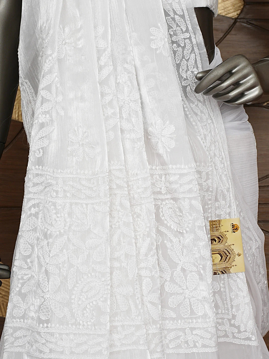 Ada Hand Embroidered White Tissue Lucknowi Chikankari Saree and Blouse 01A911323