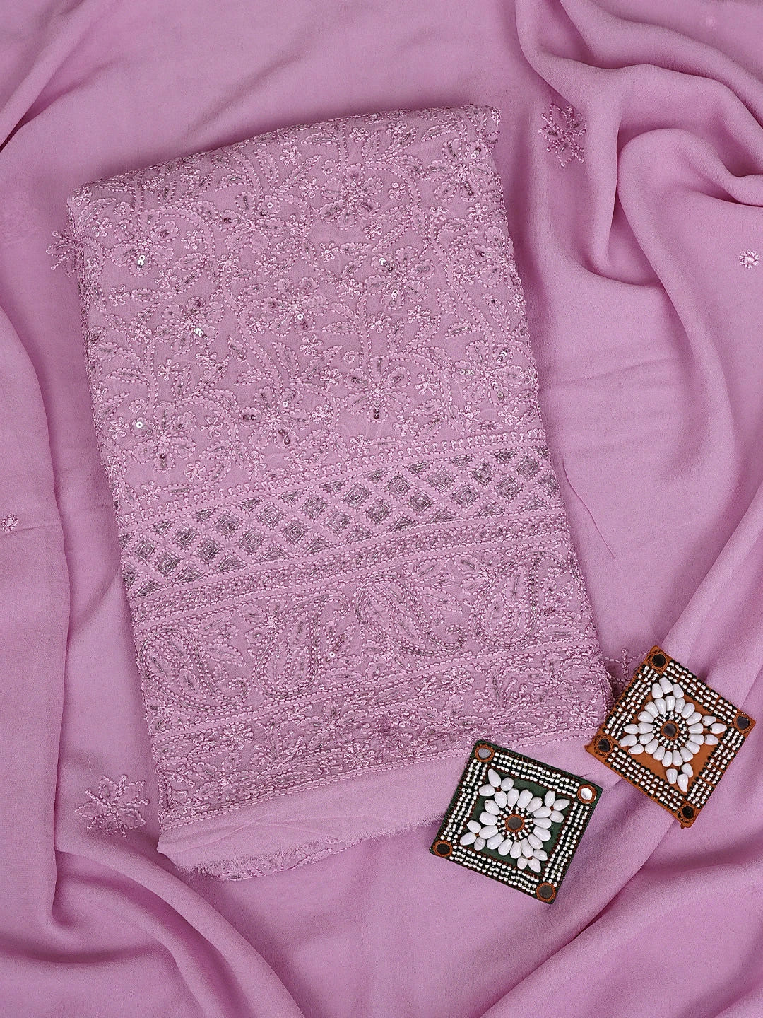 Ada Hand Embroidered Dusty Pink Viscose Georgette Lucknowi Chikankari Unstitched Kurta Dupatta Set With Cutdana Work 01A922522