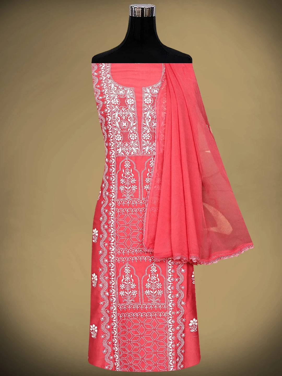 Ada Hand Embroidered Carrot Pink Chanderi Lucknowi Chikankari Unstitched Suit Piece 01A932504