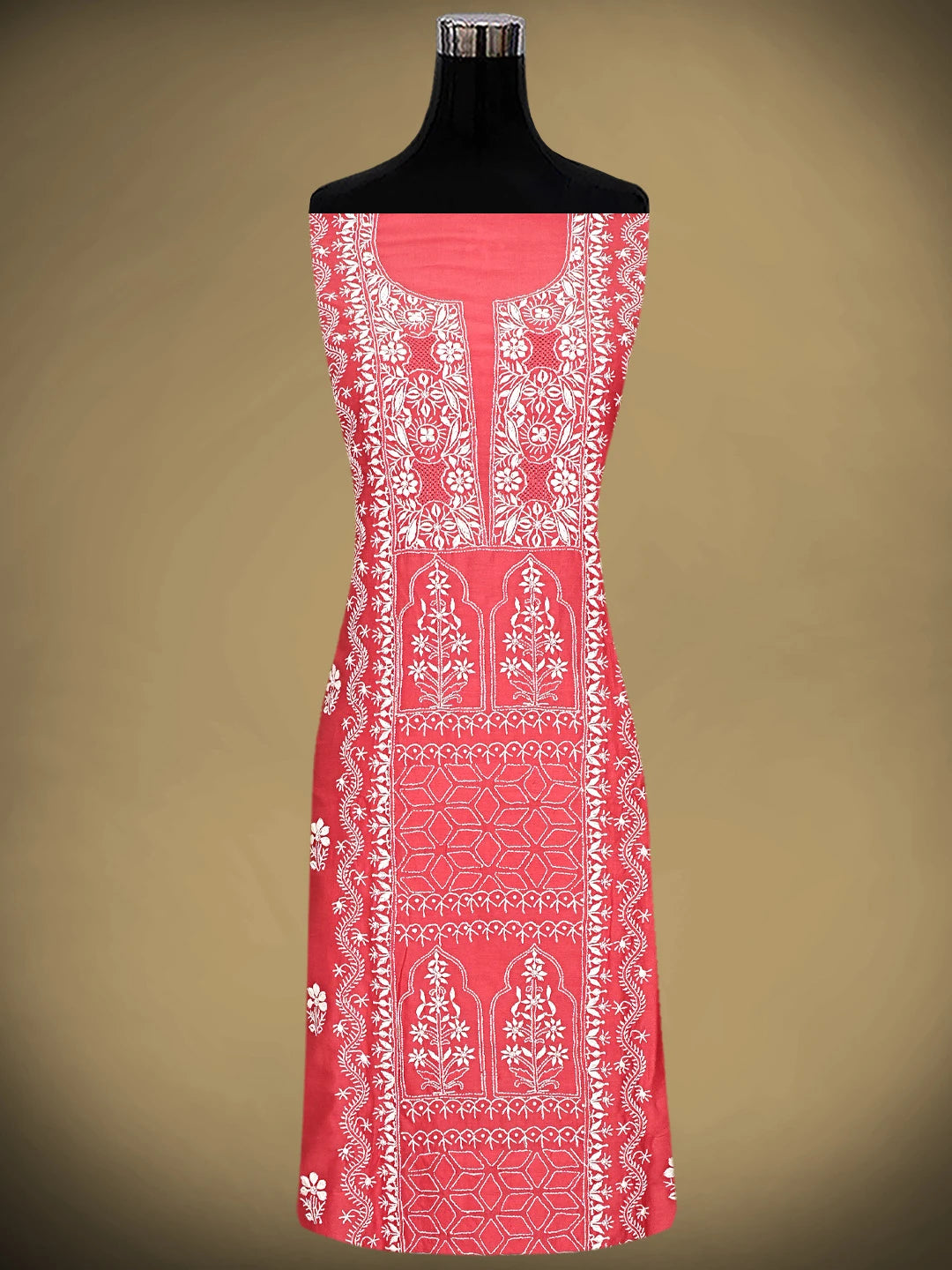Ada Hand Embroidered Carrot Pink Chanderi Lucknowi Chikankari Unstitched Suit Piece 01A932504