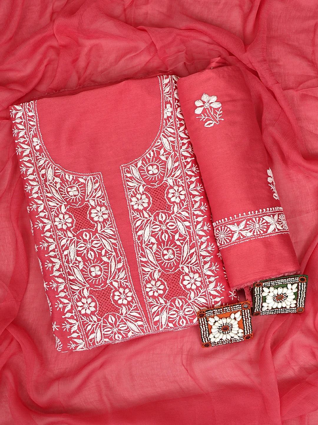 Ada Hand Embroidered Carrot Pink Chanderi Lucknowi Chikankari Unstitched Suit Piece 01A932504