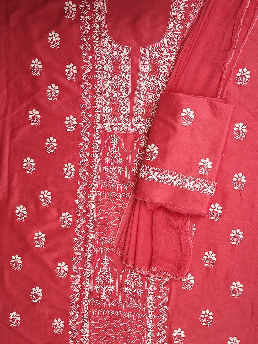 Ada Hand Embroidered Carrot Pink Chanderi Lucknowi Chikankari Unstitched Suit Piece 01A932504