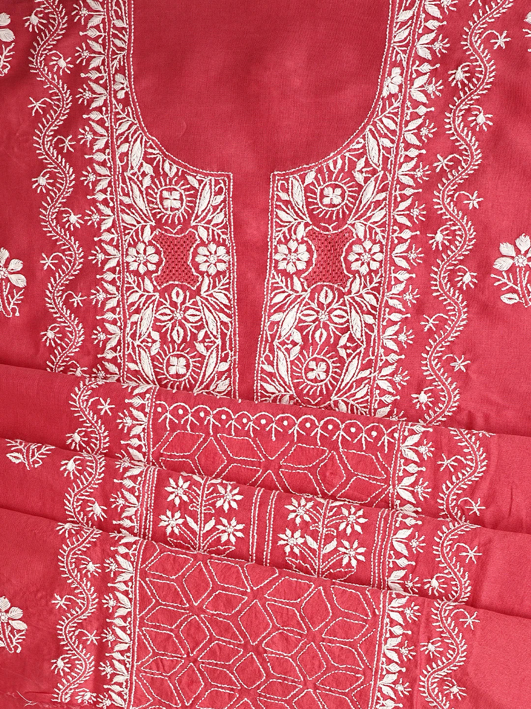 Ada Hand Embroidered Carrot Pink Chanderi Lucknowi Chikankari Unstitched Suit Piece 01A932504
