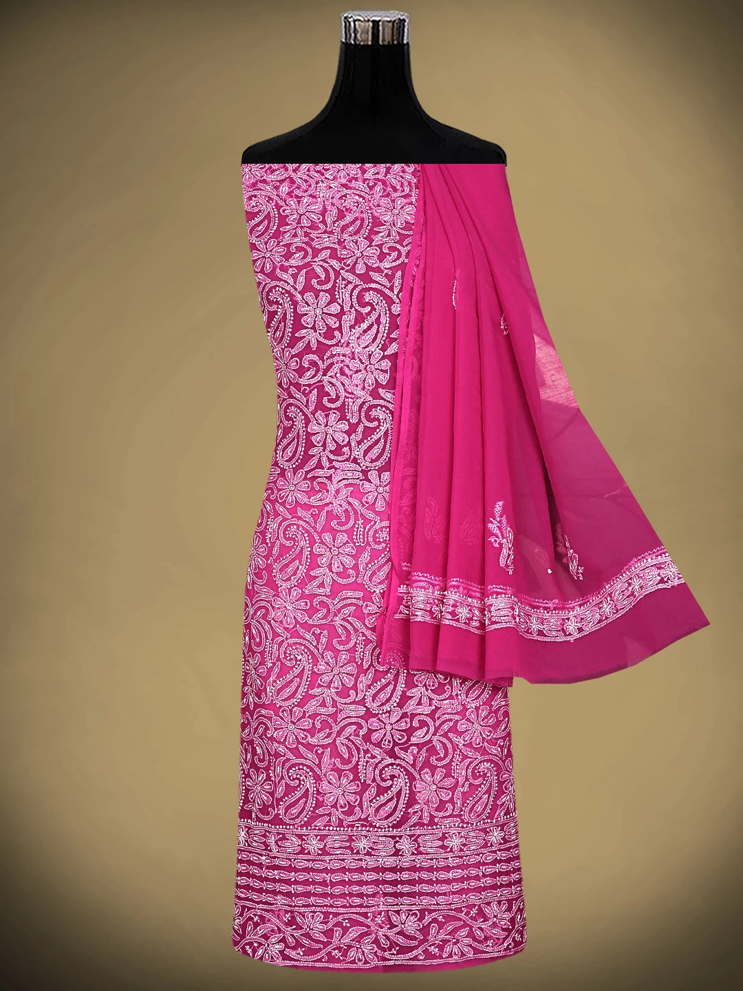 Ada Hand Embroidered Magenta Georgette Lucknowi Chikankari Unstitched Suit Piece With Pearl Work 01A916032