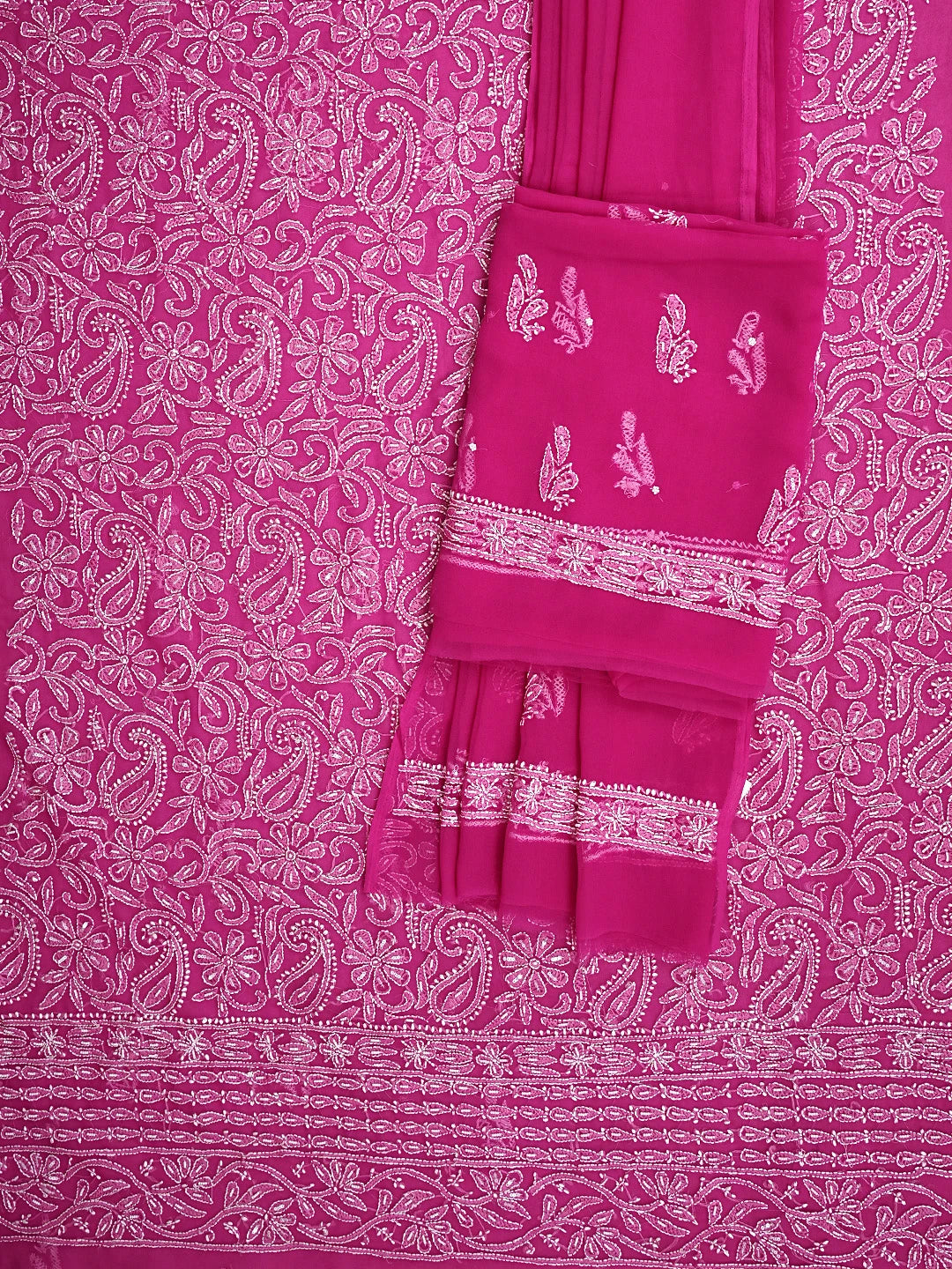 Ada Hand Embroidered Magenta Georgette Lucknowi Chikankari Unstitched Suit Piece With Pearl Work 01A916032
