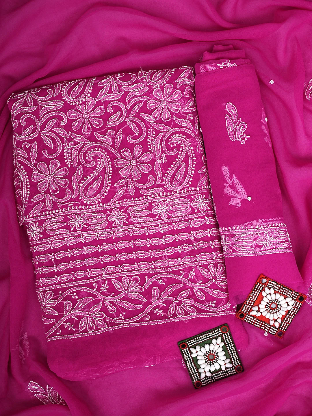 Ada Hand Embroidered Magenta Georgette Lucknowi Chikankari Unstitched Suit Piece With Pearl Work 01A916032