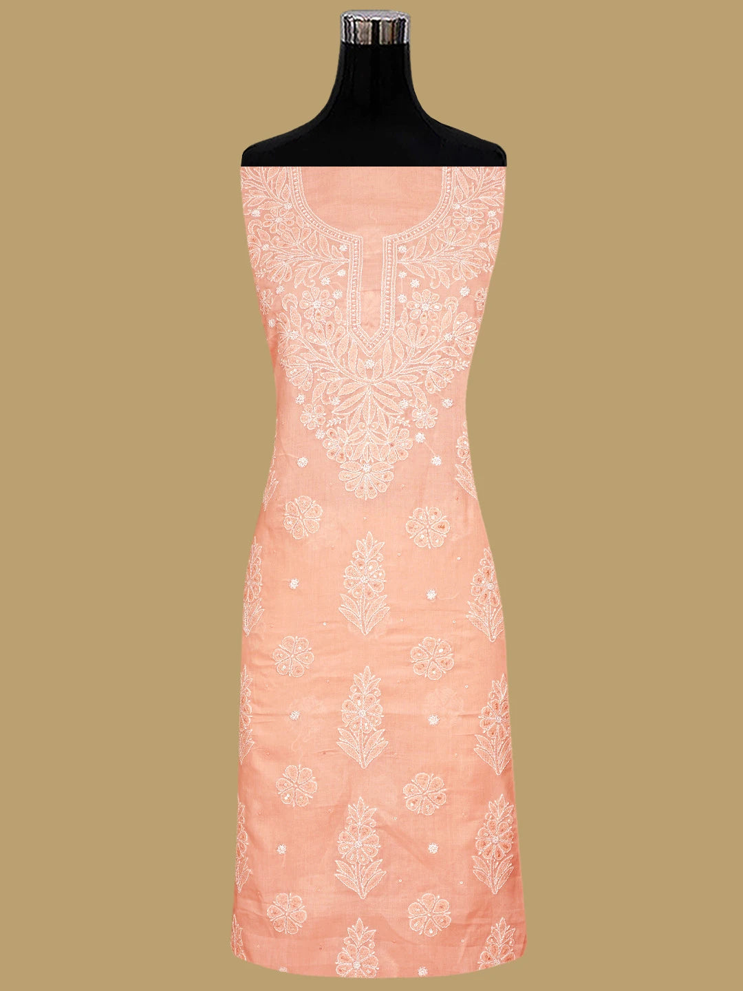 Ada Hand Embroidered Peach Cotton Lucknowi Chikankari Unstitched Suit Piece With Cutdana Work 01A790900