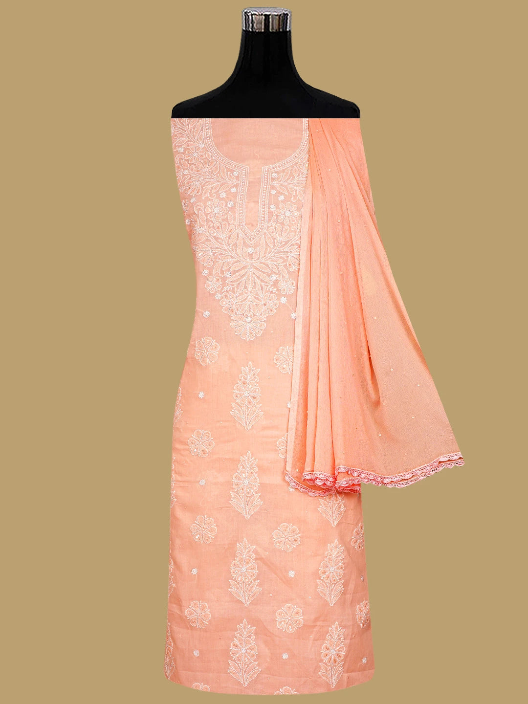 Ada Hand Embroidered Peach Cotton Lucknowi Chikankari Unstitched Suit Piece With Cutdana Work 01A790900